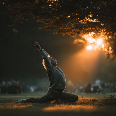 Літні люди займаються йогою сидячи на стільцях